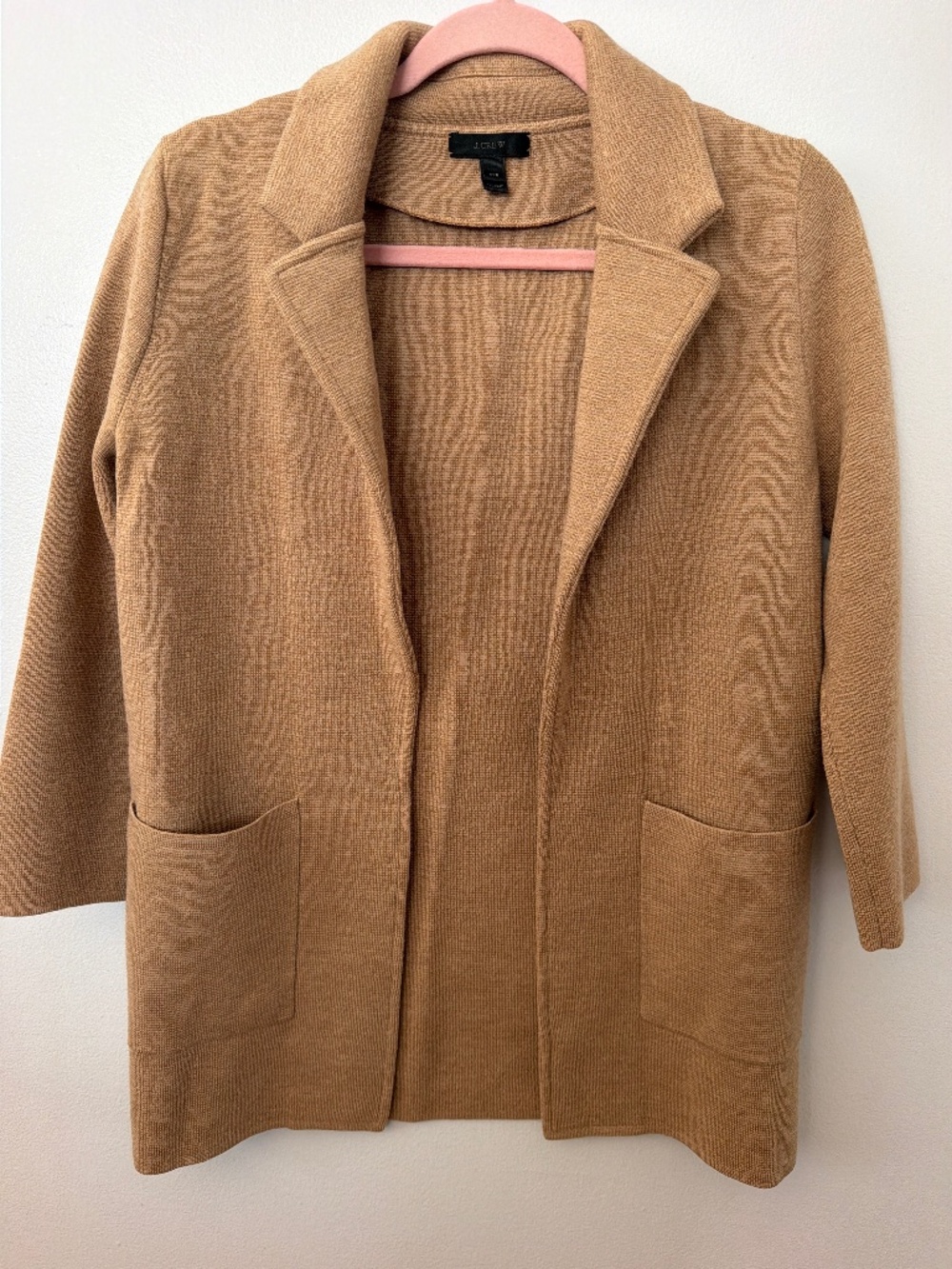 J.Crew Sophie Open Front Sweater Blazer featuring pockets in a camel color